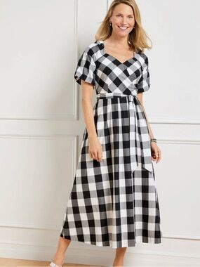 Talbots Black and White Gingham Tie-Waist Midi Dress